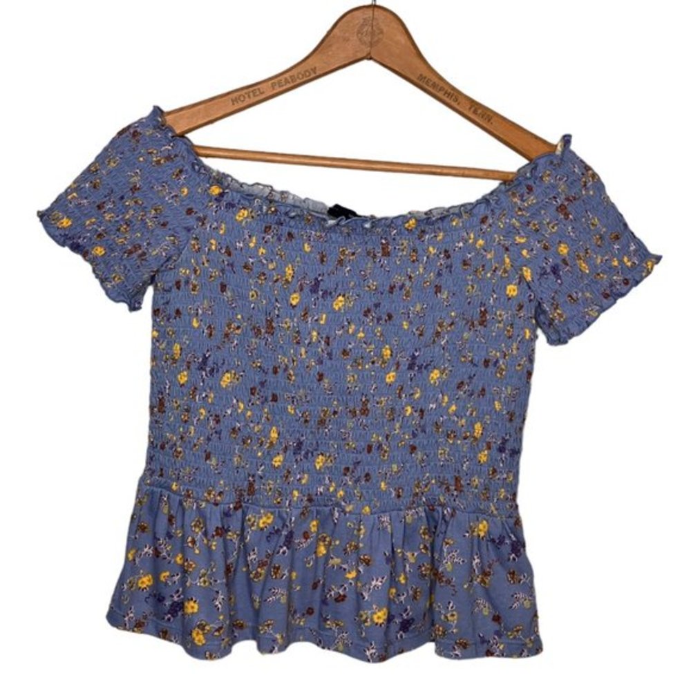 American Eagle‎ Small S Blue Floral Smocked Peplum Milkmaid Off The Shoulder Top